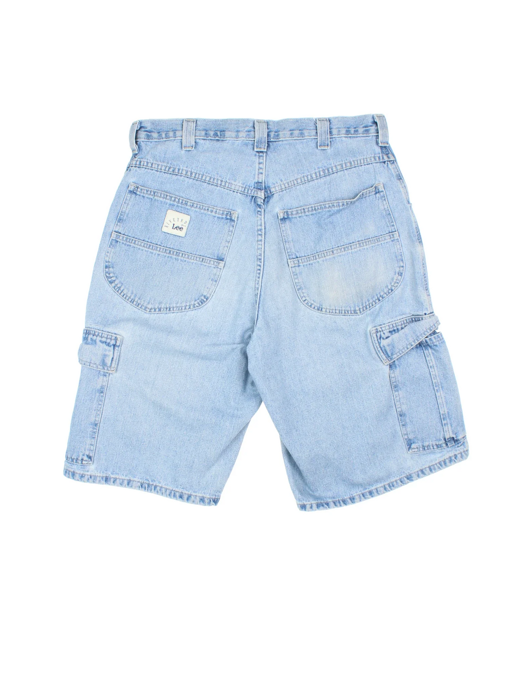 Vintage Lee Cargo Shorts in blue colourway with multiple pockets and branding embroidered on the back.