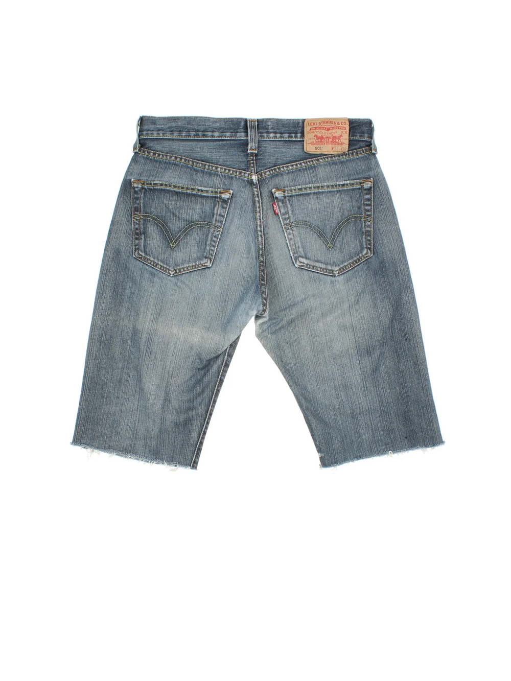 Vintage Levi Strauss shorts in blue colourway with multiple pockets and leather logo embroidered on the back.