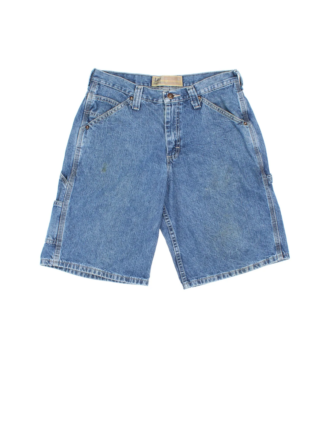 Vintage Lee Denim Shorts in blue colourway with zip fly fastening, multiple pockets and embroidered logo on back pocket.