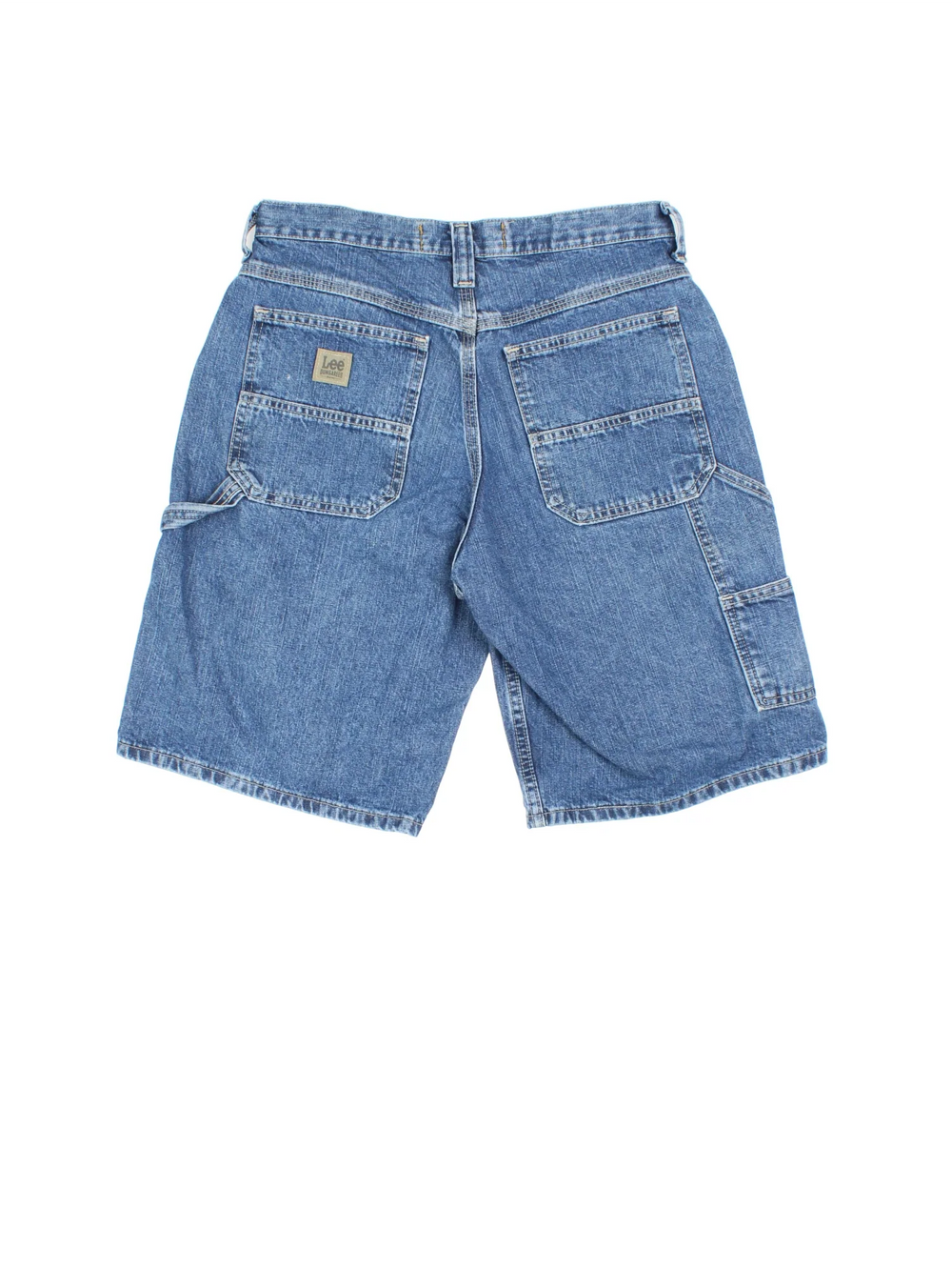 Vintage Lee Denim Shorts in blue colourway with zip fly fastening, multiple pockets and embroidered logo on back pocket.