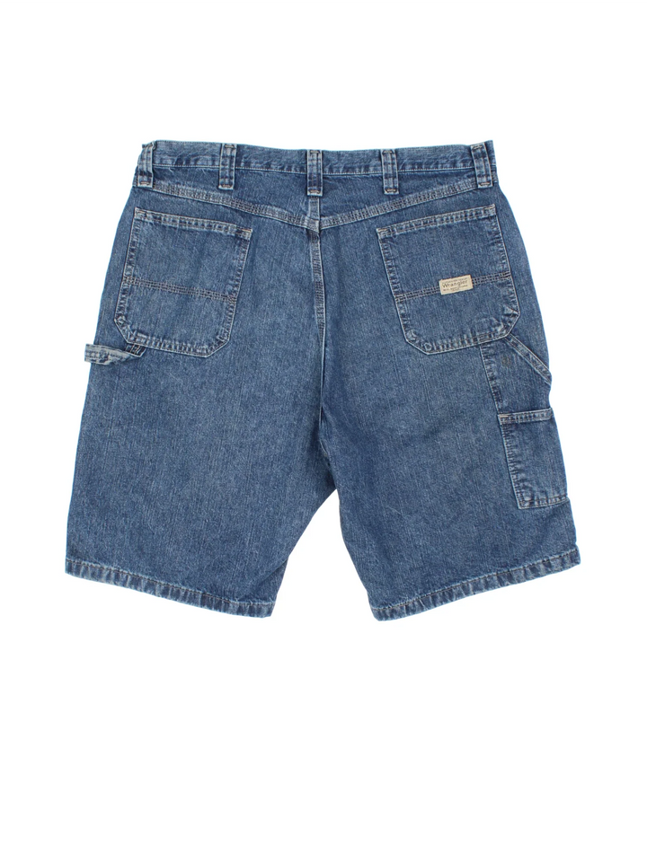 Vintage Wrangler Denim Shorts in blue colourway with zip fly fastening, multiple pockets and embroidered logo on back pocket.