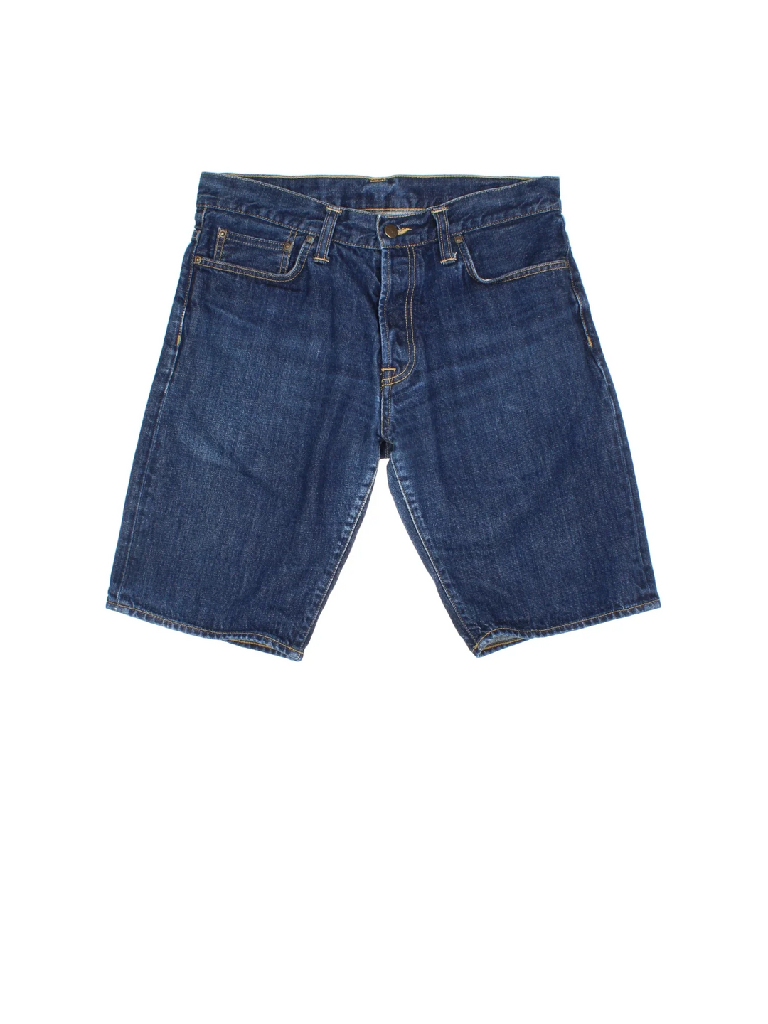 Vintage Carhartt shorts in blue colourway with multiple pockets and leather logo embroidered on the back.