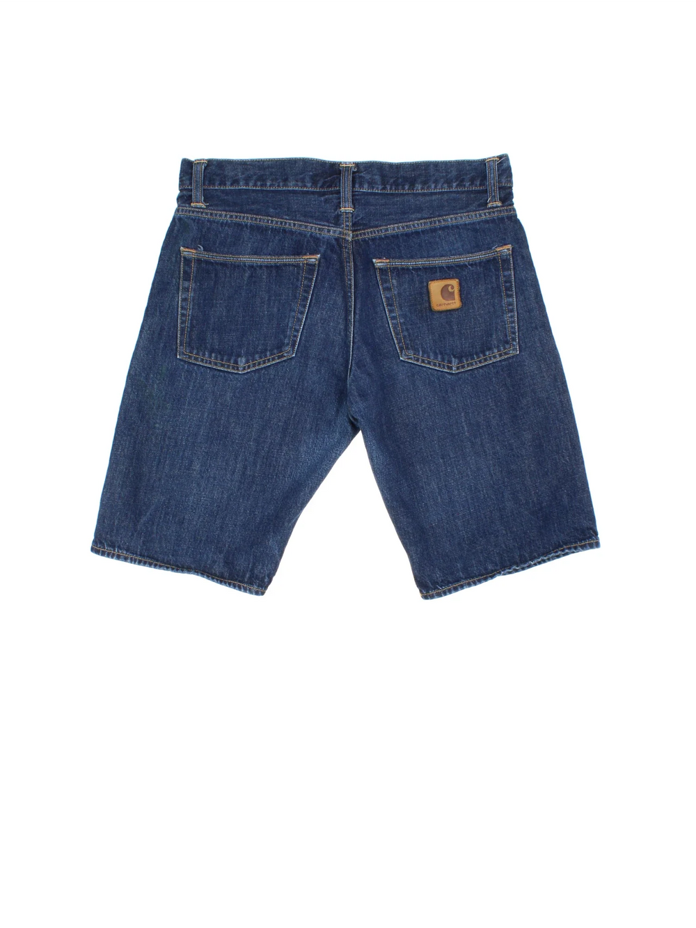 Vintage Carhartt shorts in blue colourway with multiple pockets and leather logo embroidered on the back.