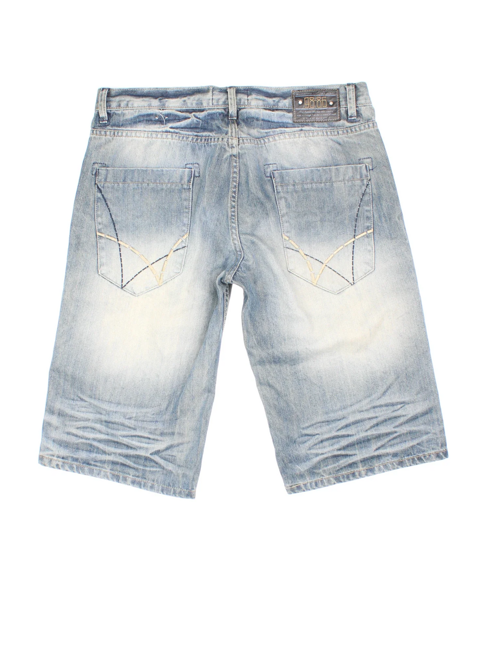 Y2K Denim Jorts in blue colourway with multiple pockets, faded detail and the logo embroidered on the back.