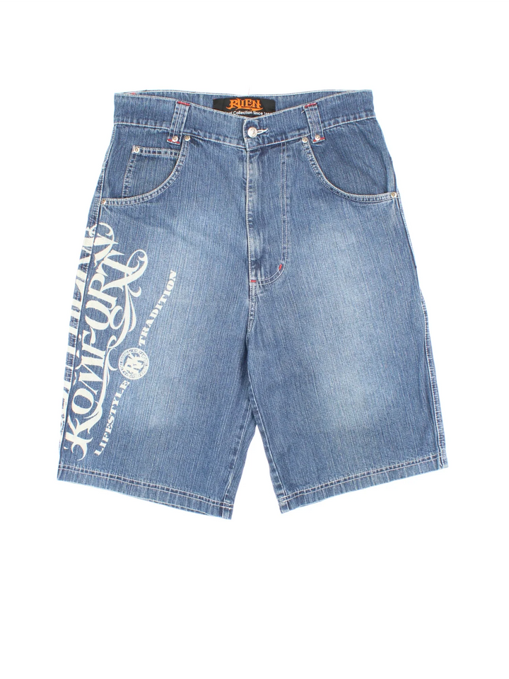 Y2K Jorts in blue colourway with multiple pockets, printed detail down the leg and the logo embroidered on the back.