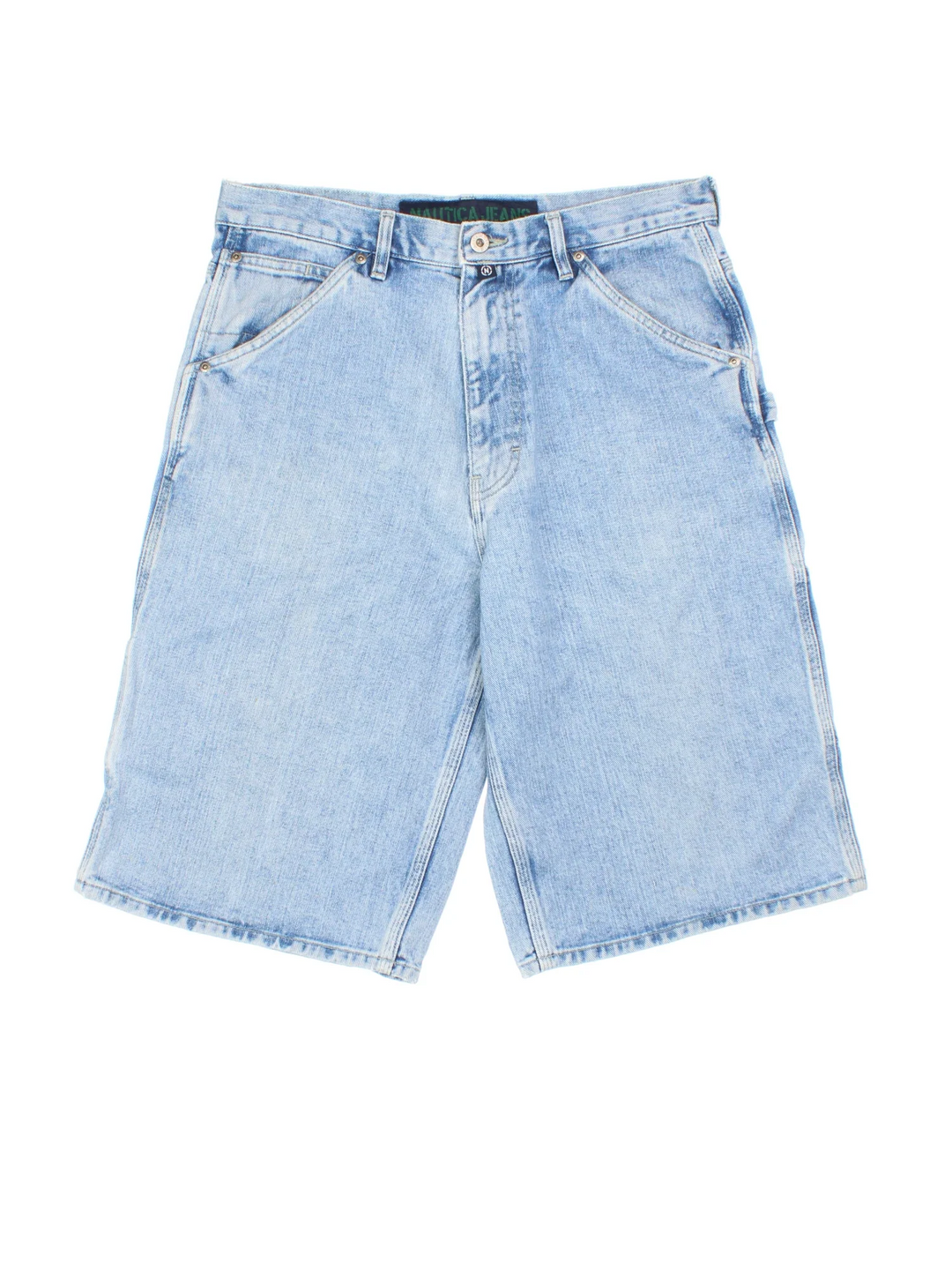 Vintage Nautica Denim Shorts in blue colourway. Multiple pockets, and the branding embroidered on the front/back.