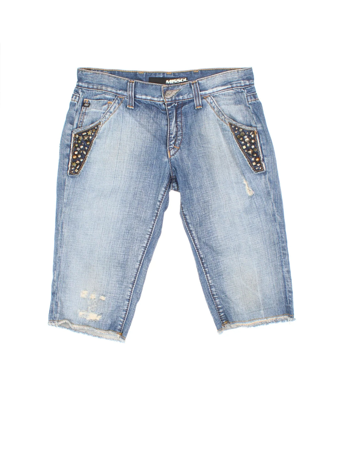 Y2K Miss Sixty Denim Shorts in blue colourway. Multiple pockets, studded detail and branding on front/back.