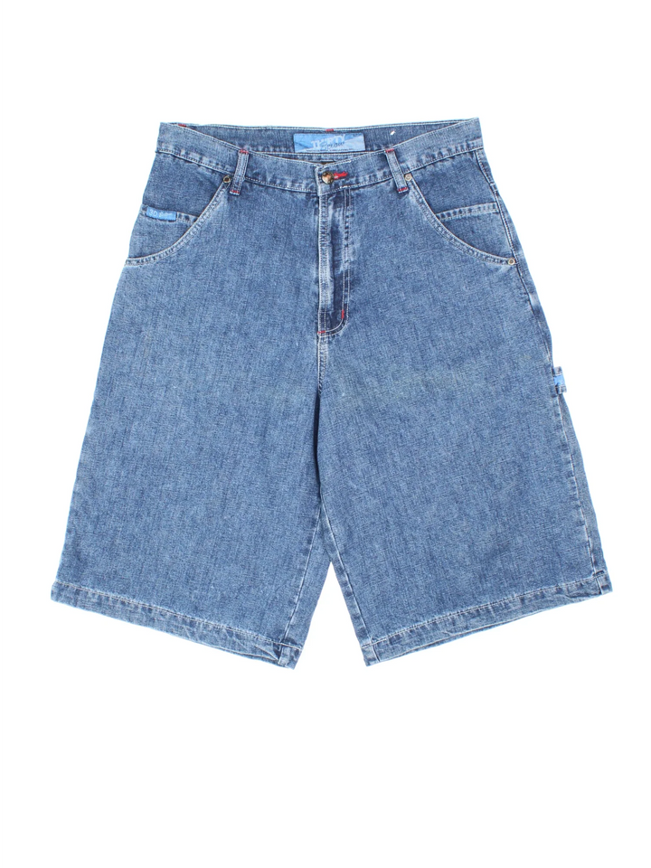 Vintage Denim Shorts in blue colourway. Zip fly fastening, multiple pockets and branding embroidered on back.