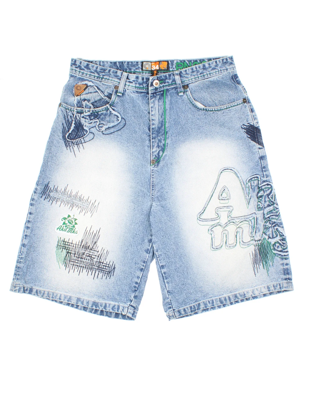 Y2K Akademiks Denim Shorts in blue colourway. Zip fly fastening, multiple pockets and branding embroidered on front/back.