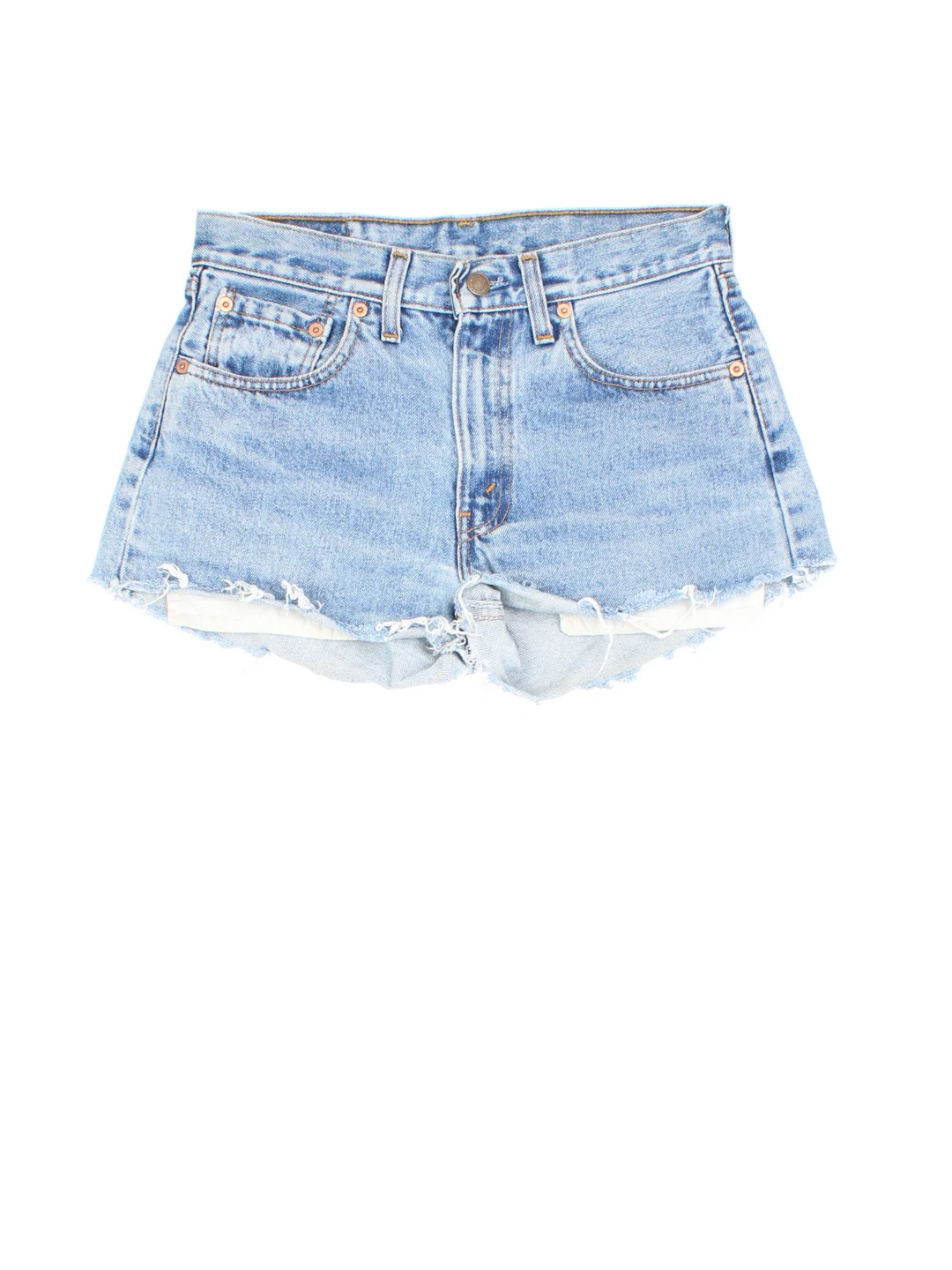Levi Strauss Denim Shorts in blue colourway. Zip fly fastening, fraying detail and branding embroidered on back.
