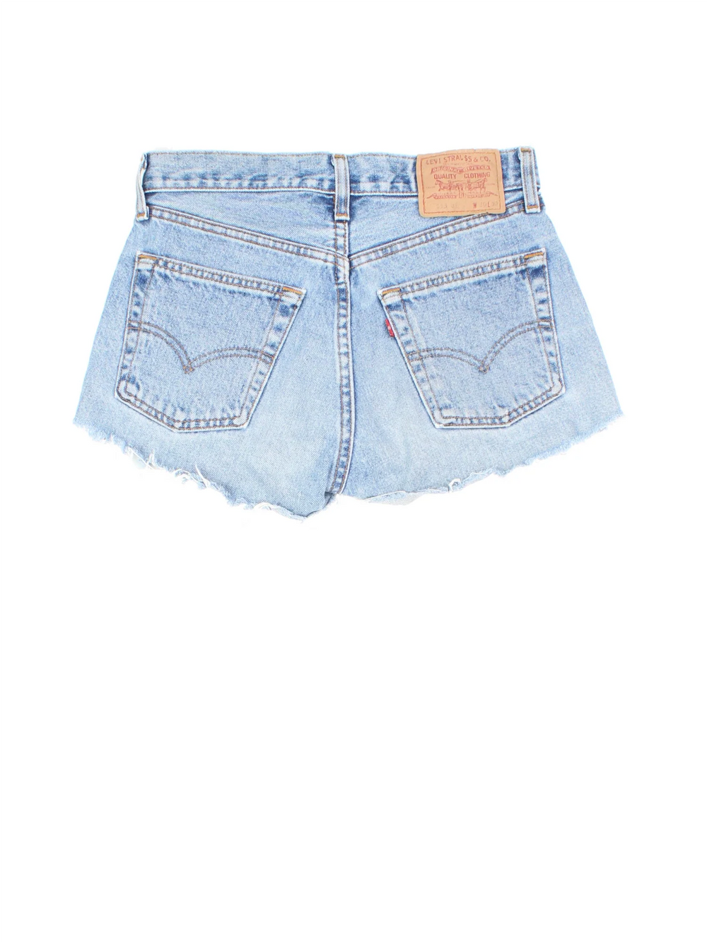 Levi Strauss Denim Shorts in blue colourway. Zip fly fastening, fraying detail and branding embroidered on back.