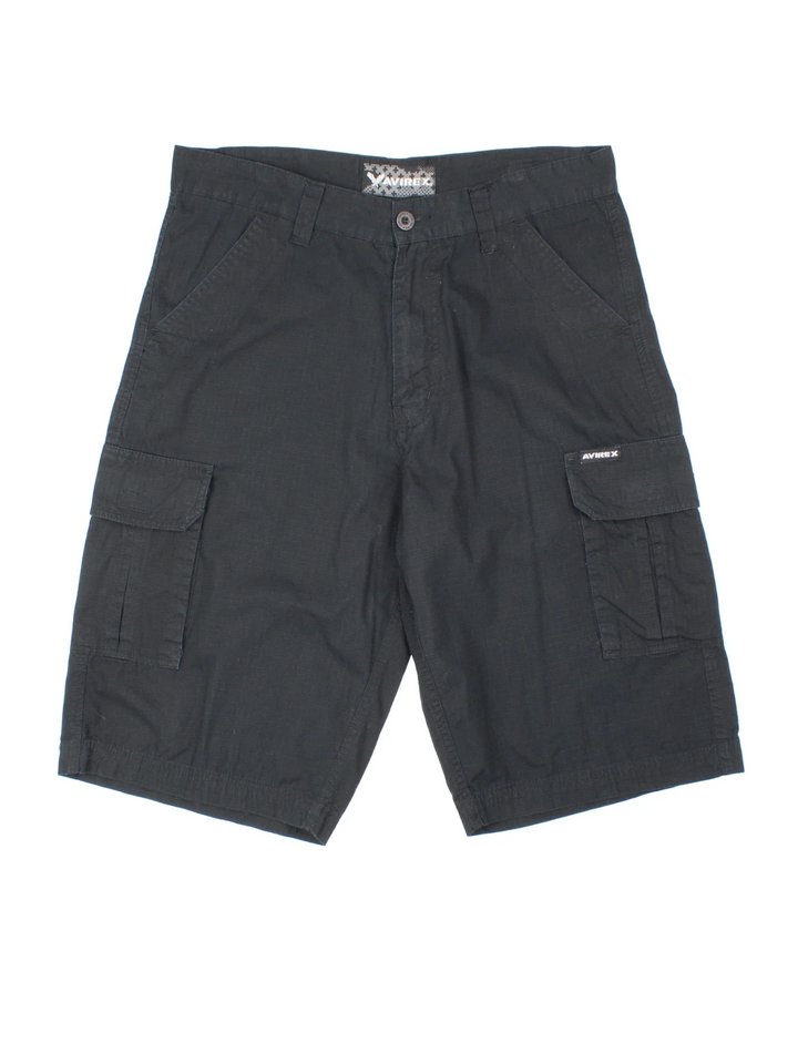 Vintage Avirex Cargo Shorts in black colourway. Zip fly fastening, multiple pockets and branding embroidered on front.