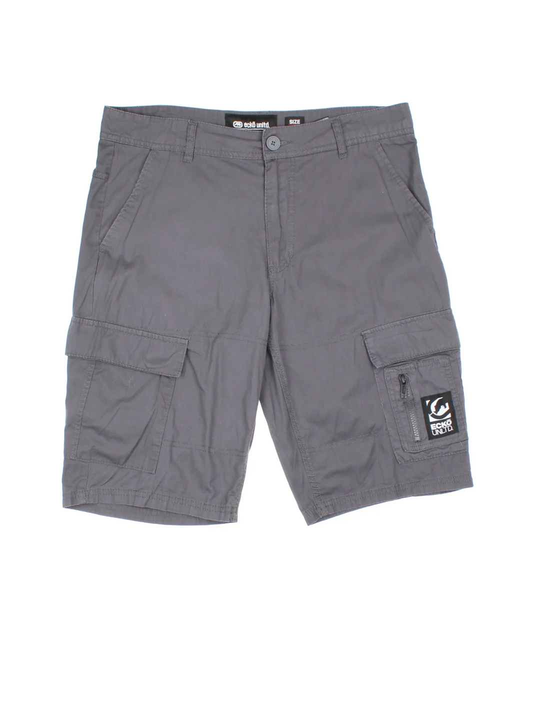 Y2K Ecko Unltd Cargo Shorts in grey colourway. Zip fly fastening, multiple pockets and branding embroidered on front/back.