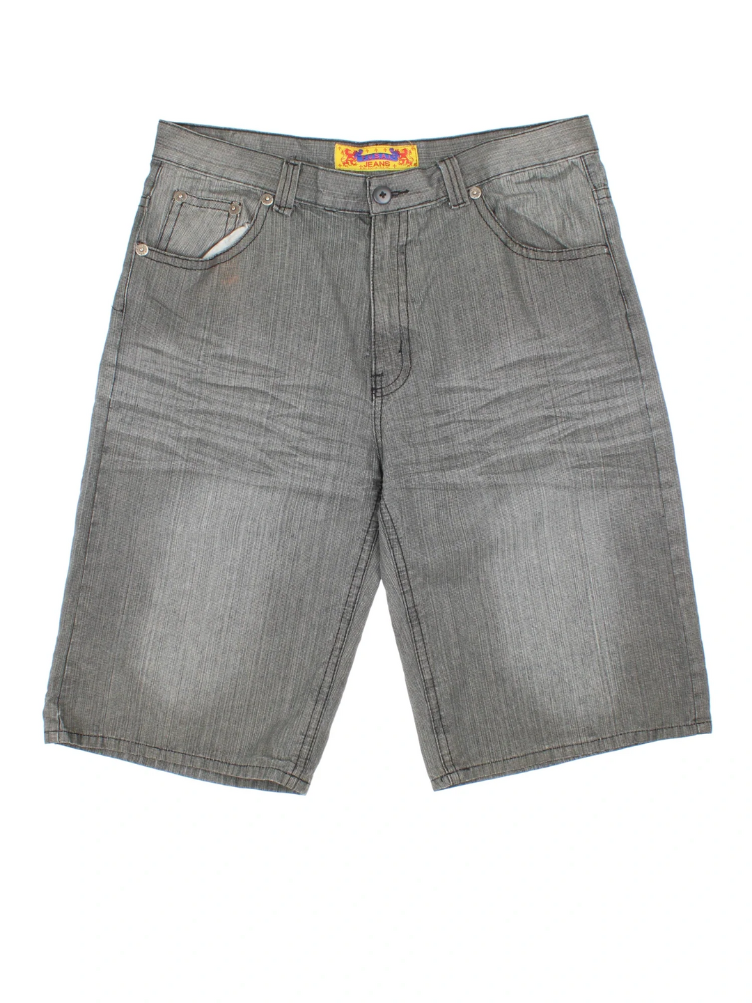 Y2K Fusai Denim Jorts in grey colourway. Zip fly fastening, multiple pockets and branding embroidered on back.