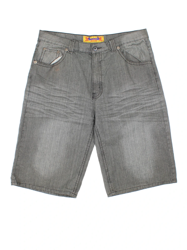 Y2K Fusai Denim Jorts in grey colourway. Zip fly fastening, multiple pockets and branding embroidered on back.
