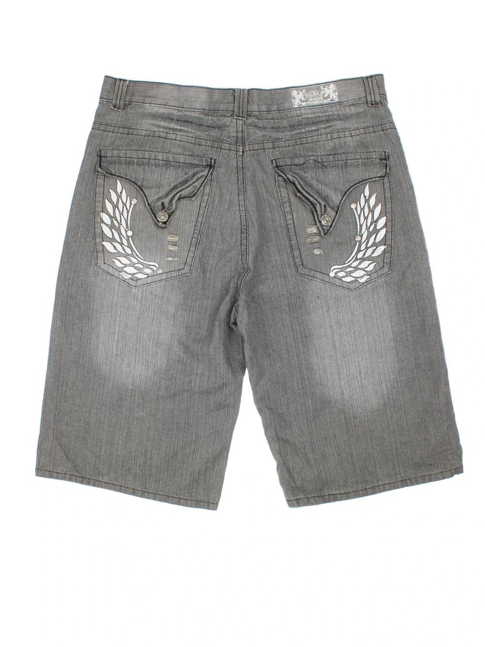 Y2K Fusai Denim Jorts in grey colourway. Zip fly fastening, multiple pockets and branding embroidered on back.