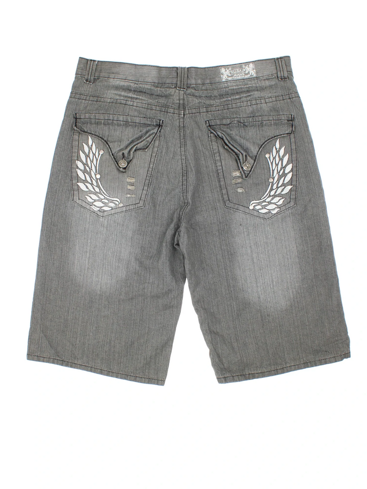 Y2K Fusai Denim Jorts in grey colourway. Zip fly fastening, multiple pockets and branding embroidered on back.
