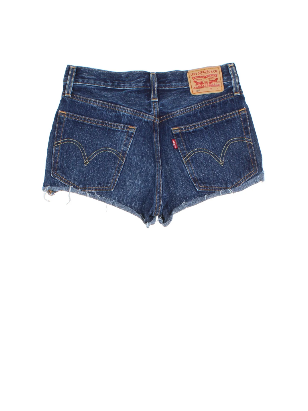 Levi Strauss Denim Mini Shorts in blue colourway with multiple pockets and the logo embroidered on the back.