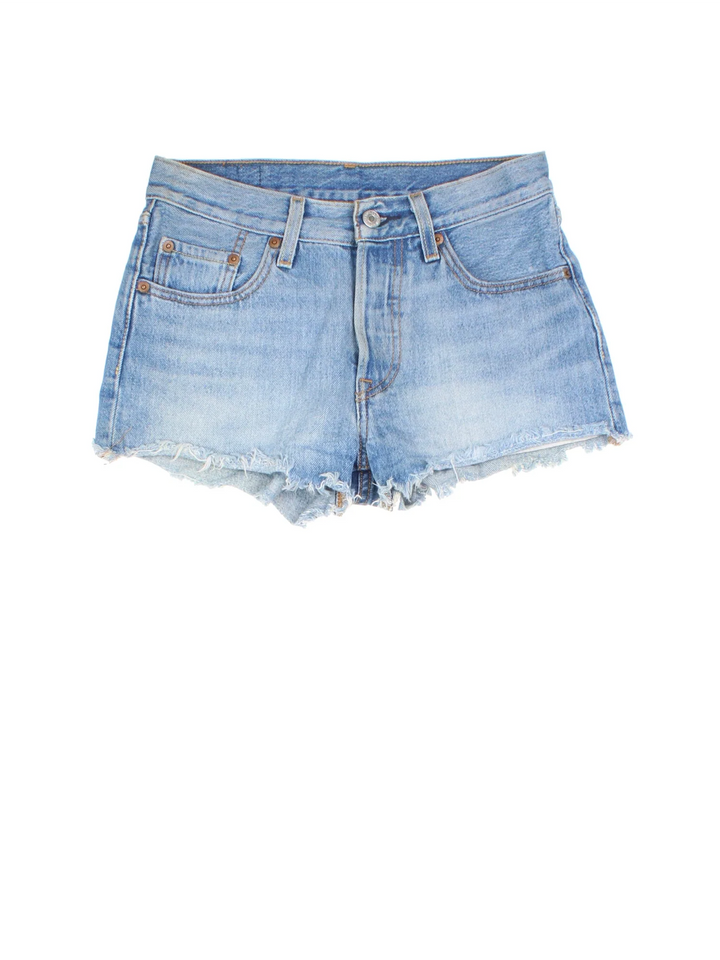 Levi Strauss Denim Mini Shorts in blue colourway with multiple pockets and the logo embroidered on the back.