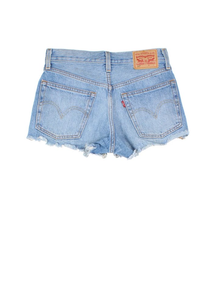 Levi Strauss Denim Mini Shorts in blue colourway with multiple pockets and the logo embroidered on the back.