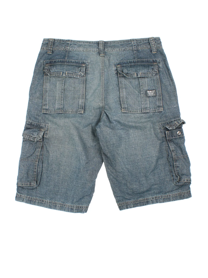 Y2K Denim Cargo Shorts in blue colourway with multiple pockets and the logo embroidered on the back.