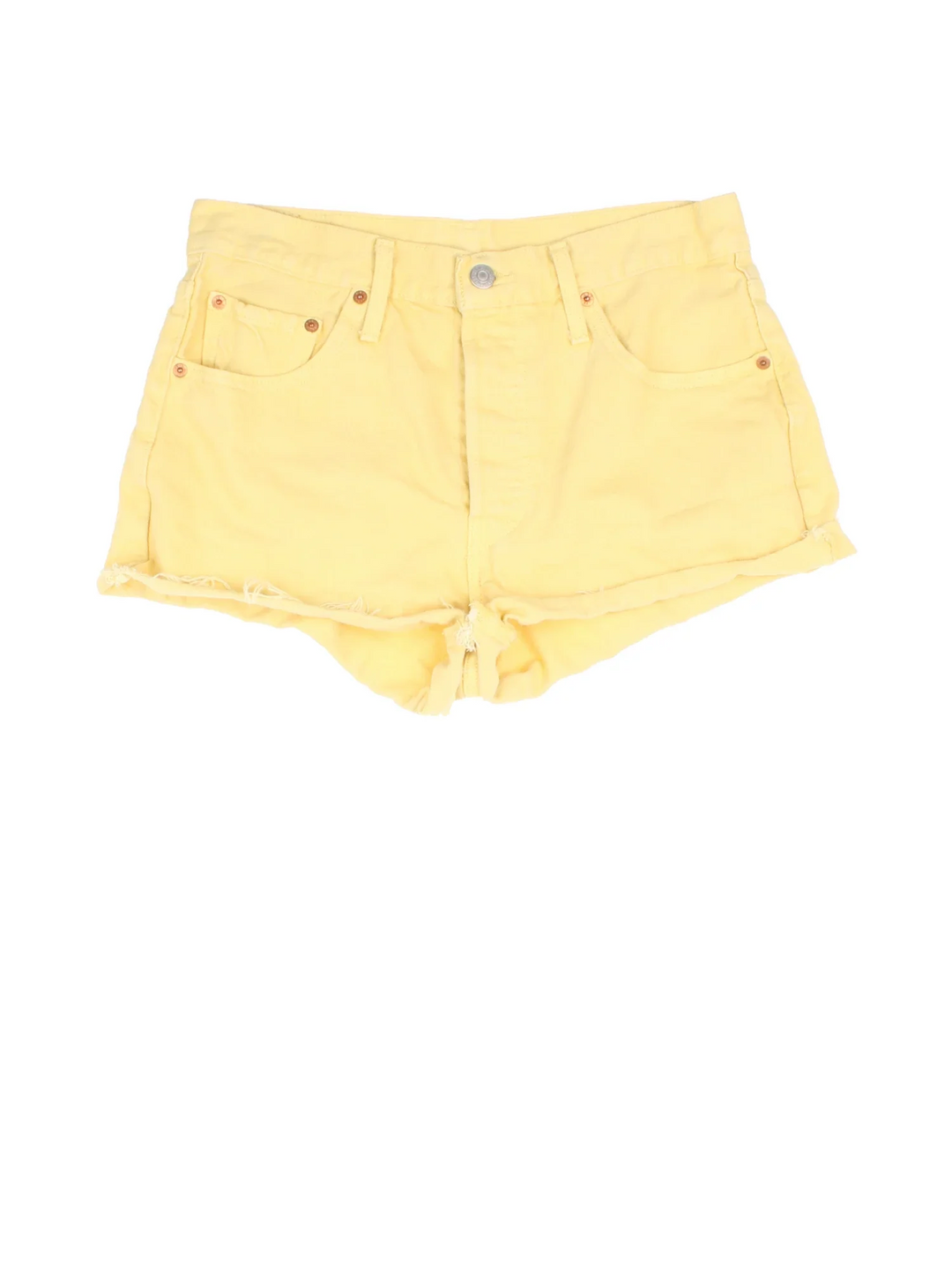 Vintage Levi Strauss shorts in yellow colourway with multiple pockets, frayed hem and the logo embroidered on the back.