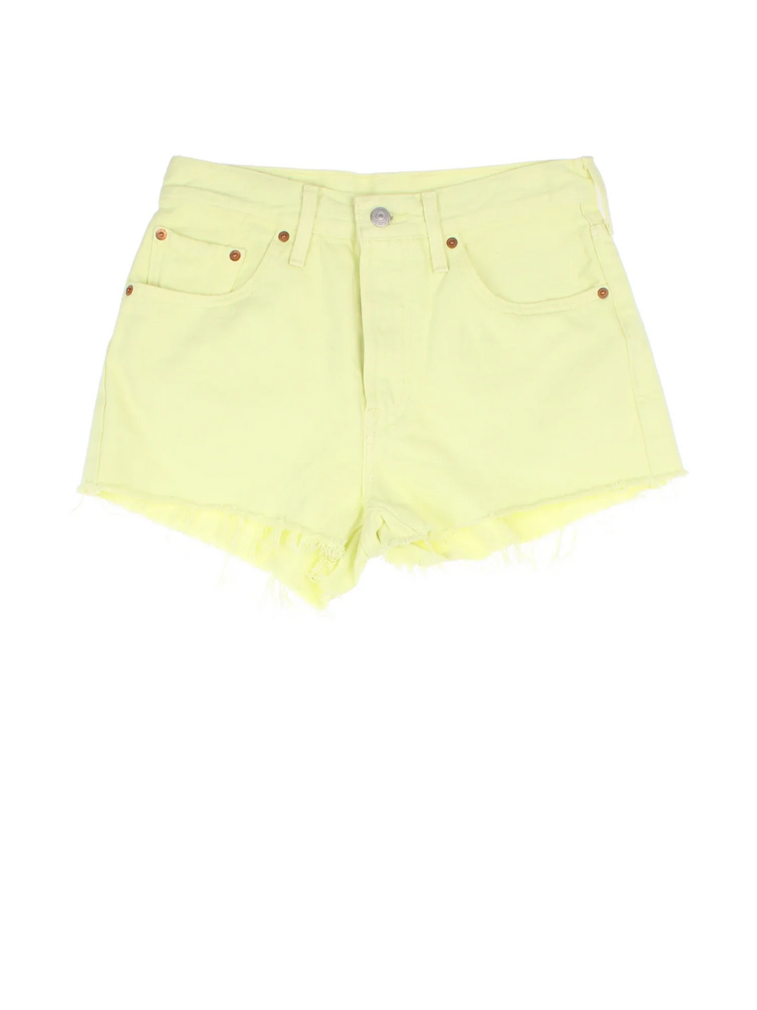 Vintage Levi Strauss shorts in yellow colourway with multiple pockets, frayed hem and the logo embroidered on the back.