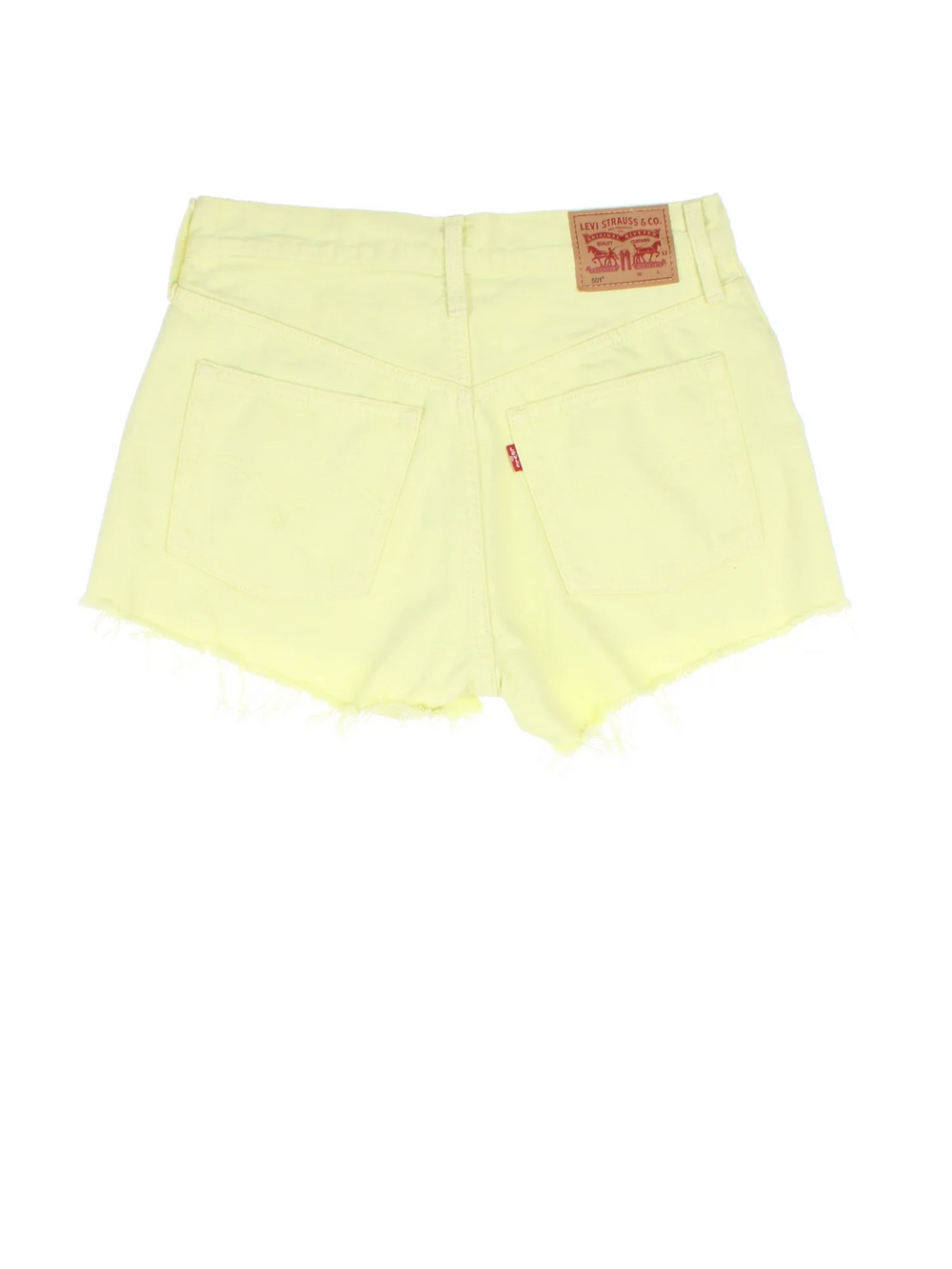 Vintage Levi Strauss shorts in yellow colourway with multiple pockets, frayed hem and the logo embroidered on the back.
