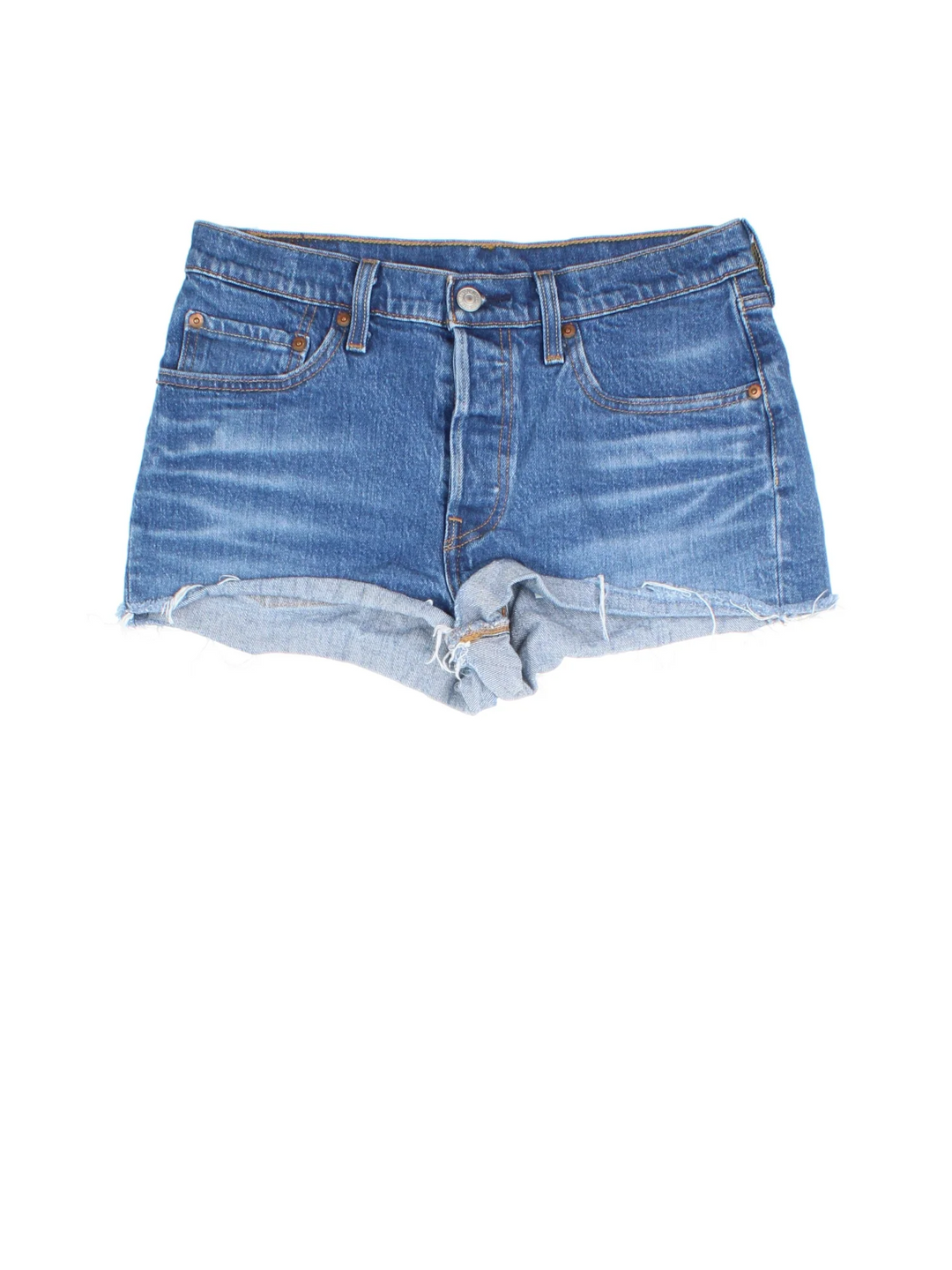 Vintage Levi Strauss shorts in blue colourway with multiple pockets, frayed hem and the logo embroidered on the back.