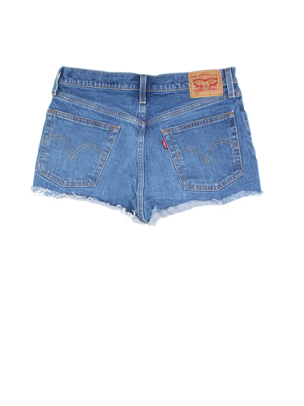 Vintage Levi Strauss shorts in blue colourway with multiple pockets, frayed hem and the logo embroidered on the back.