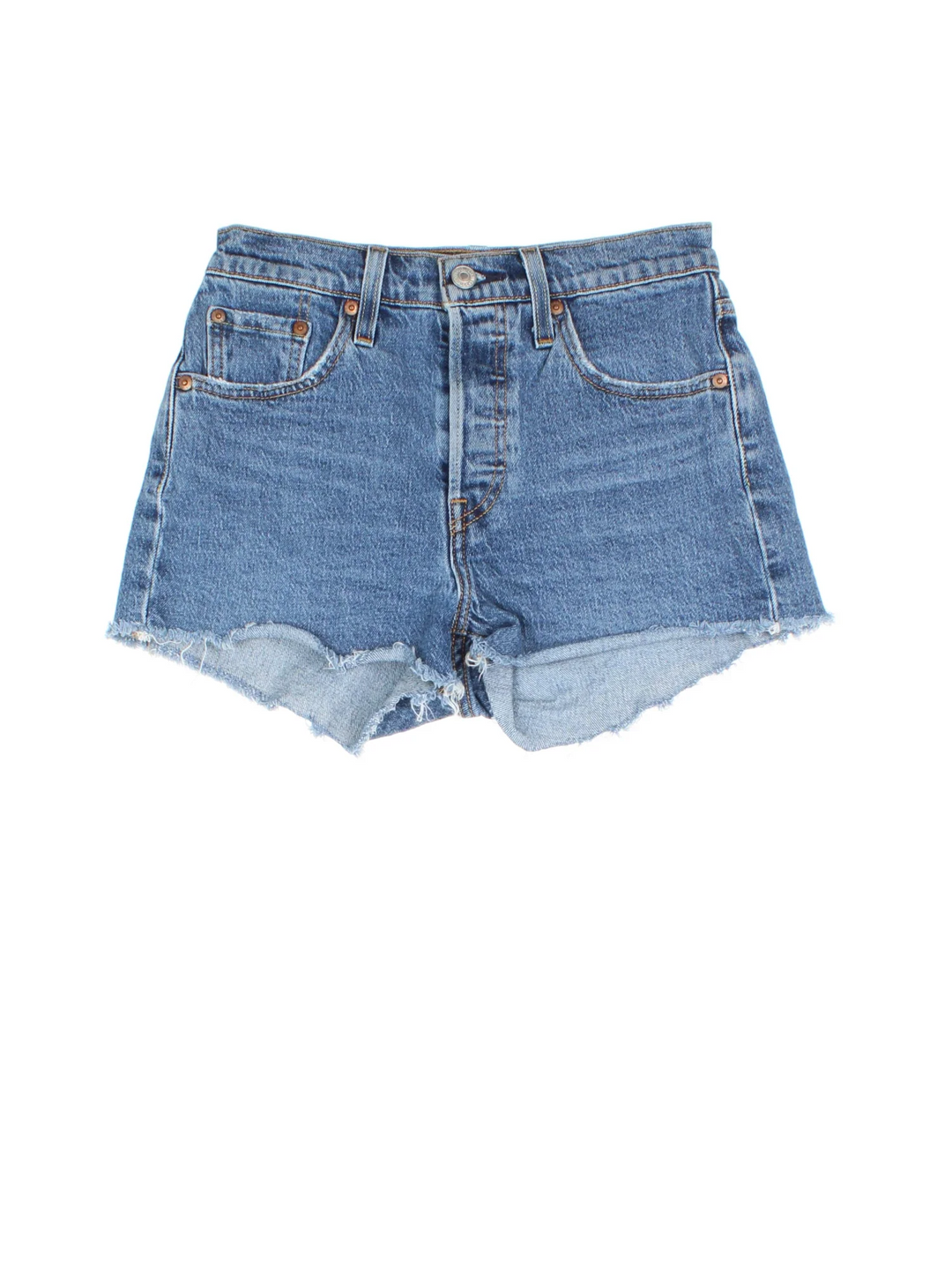 Vintage Levi Strauss shorts in blue colourway with multiple pockets, frayed hem and the logo embroidered on the back.