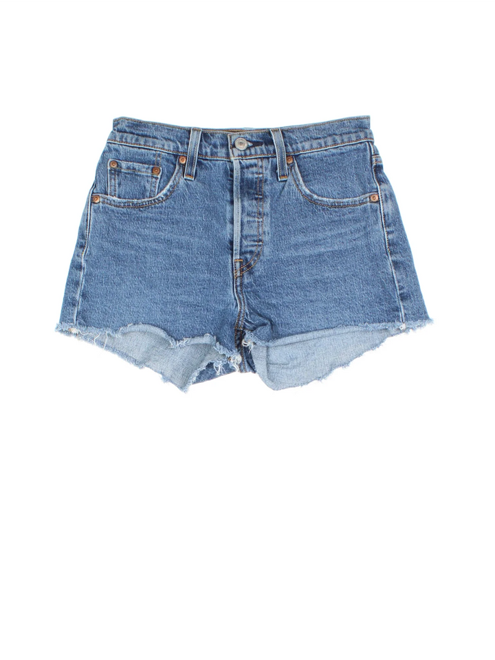 Vintage Levi Strauss shorts in blue colourway with multiple pockets, frayed hem and the logo embroidered on the back.