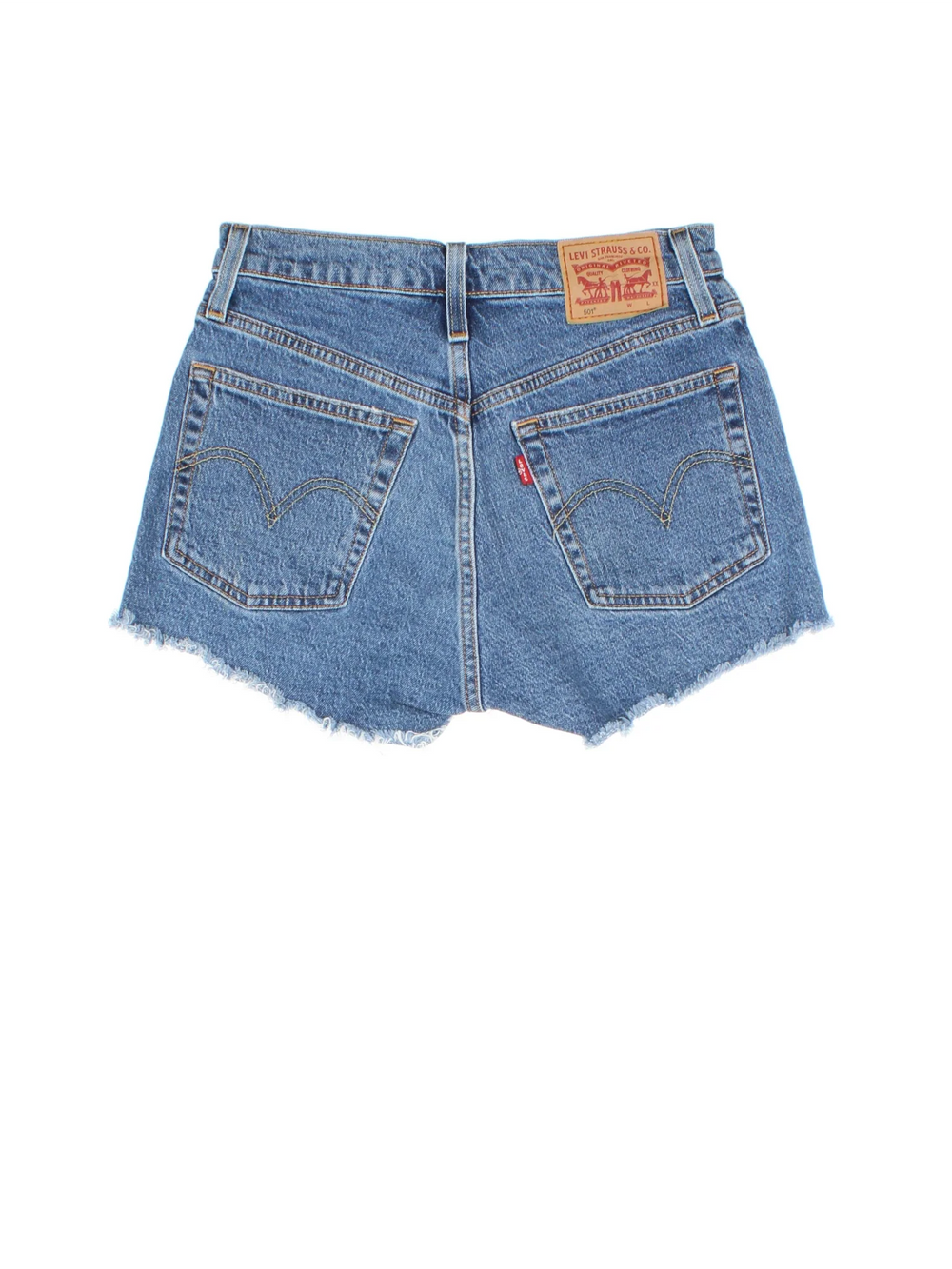 Vintage Levi Strauss shorts in blue colourway with multiple pockets, frayed hem and the logo embroidered on the back.