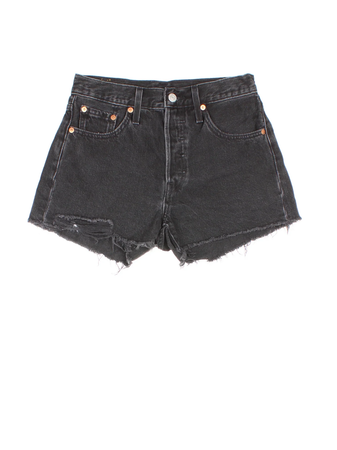 Vintage Levi Strauss shorts in black colourway with multiple pockets, frayed hem and embroidered branding on the back.