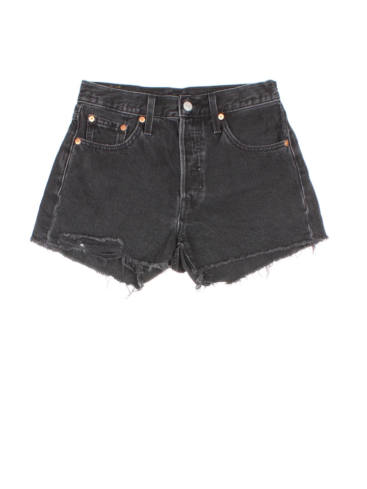Vintage Levi Strauss shorts in black colourway with multiple pockets, frayed hem and embroidered branding on the back.