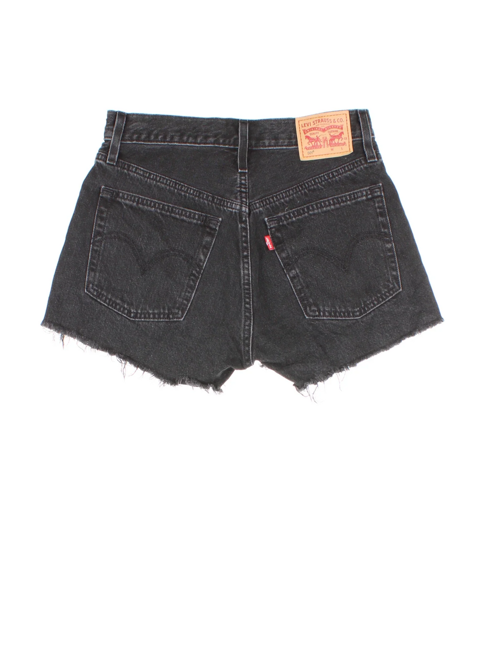 Vintage Levi Strauss shorts in black colourway with multiple pockets, frayed hem and embroidered branding on the back.