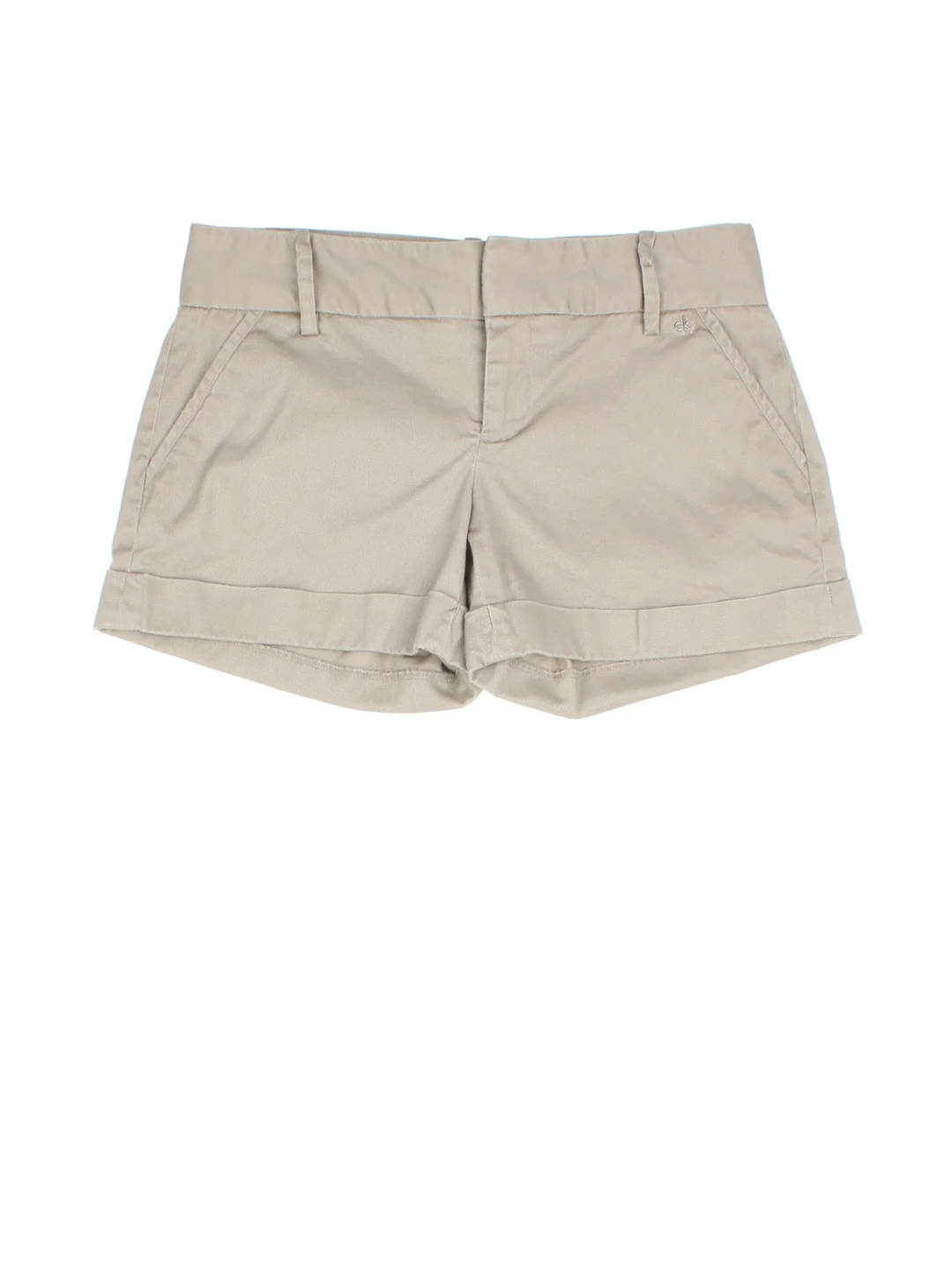 Vintage Calvin Klein shorts in tan colourway with zip button fastening, multiple pockets and metal branding on the front.