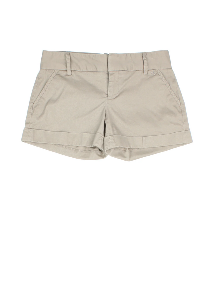 Vintage Calvin Klein shorts in tan colourway with zip button fastening, multiple pockets and metal branding on the front.