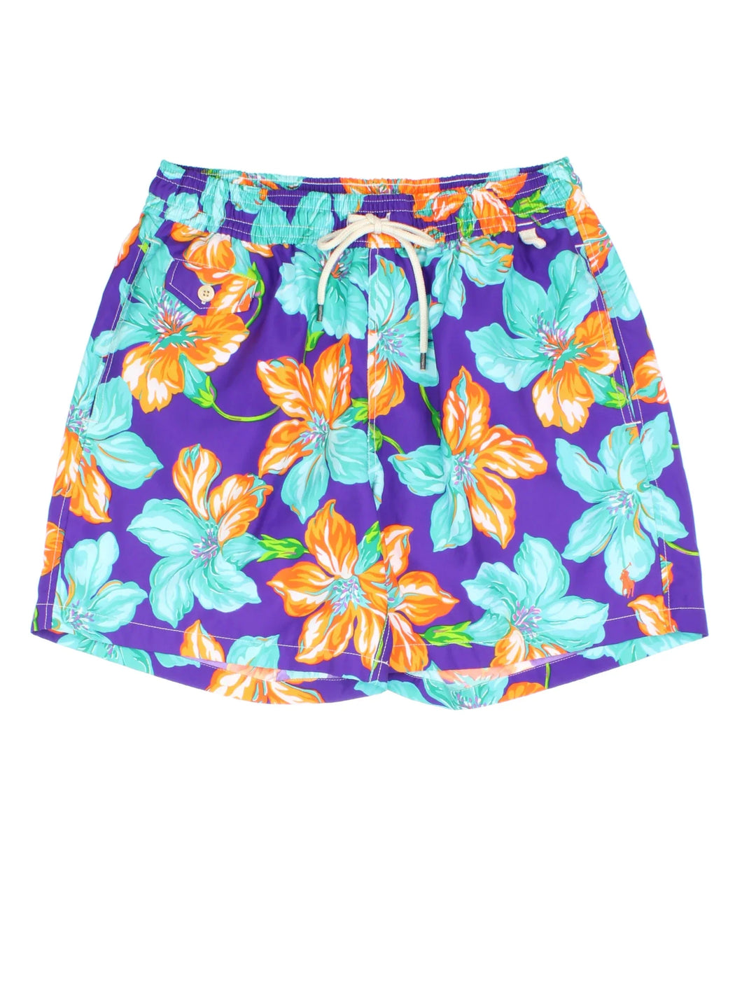 Vintage Ralph Lauren swim shorts in purple/blue colourway with drawstring waist, mesh lining and embroidered branding on the back.