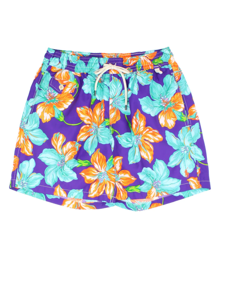 Vintage Ralph Lauren swim shorts in purple/blue colourway with drawstring waist, mesh lining and embroidered branding on the back.