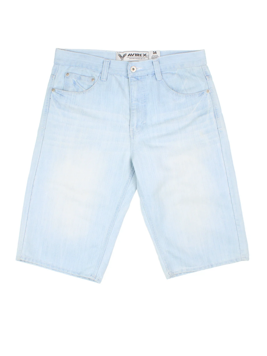 Vintage Avirex Denim Shorts in a light blue colourway with multiple pockets and embroidered detailing on the back.