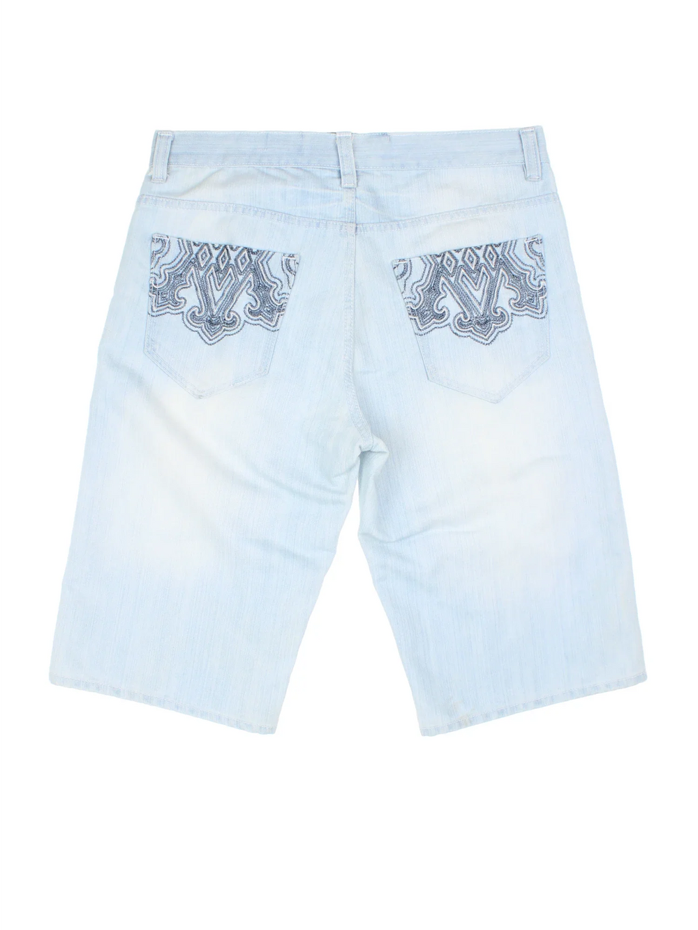 Vintage Avirex Denim Shorts in a light blue colourway with multiple pockets and embroidered detailing on the back.