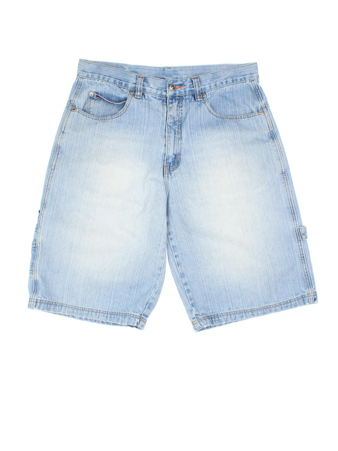 Y2K Victorious Denim Jorts in blue colourway with multiple pockets and embroidered branding detail on the front/back.