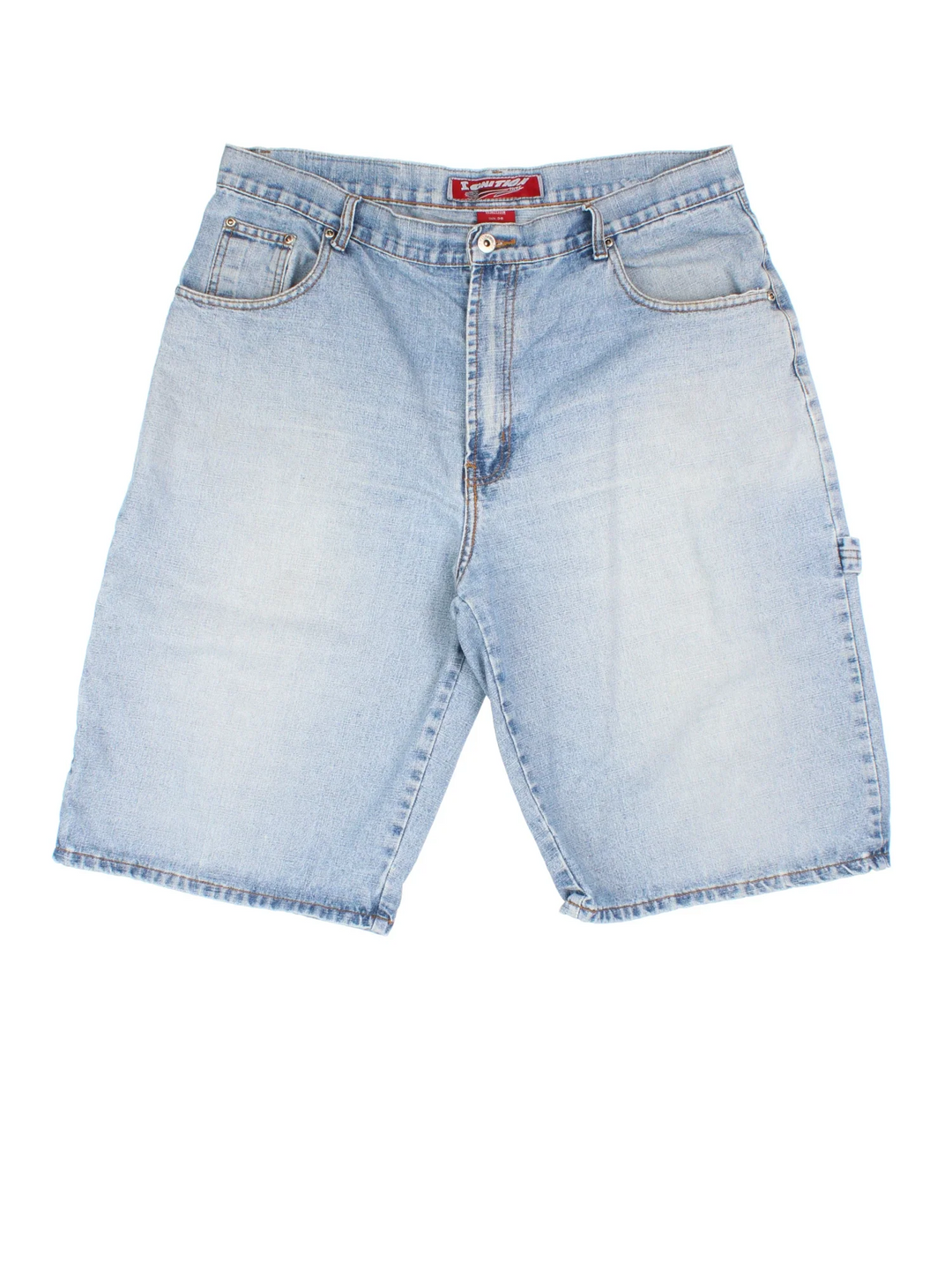Y2K Denim Carpenter Shorts in blue colourway with multiple pockets and embroidered branding detail on the back.