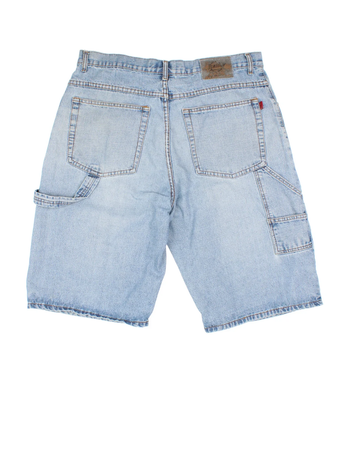 Y2K Denim Carpenter Shorts in blue colourway with multiple pockets and embroidered branding detail on the back.
