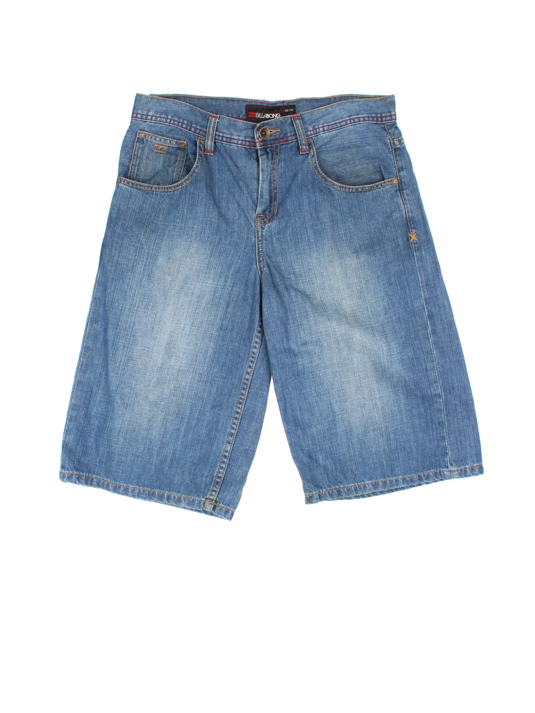 Billabong Denim Jorts in blue colourway with multiple pockets and embroidered branding detail on front/back.