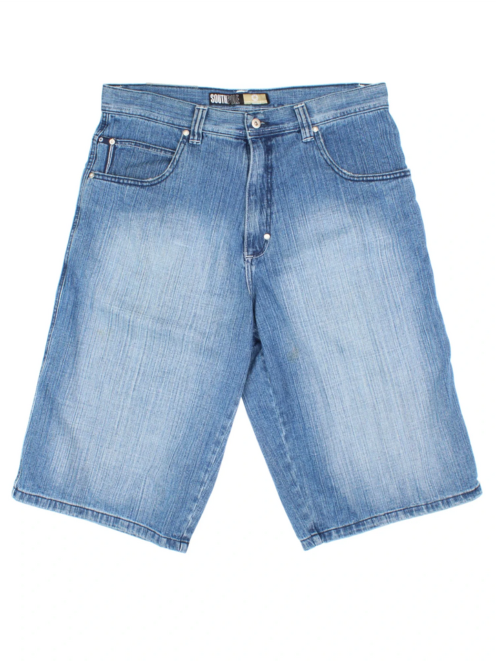 Vintage Southpole Denim Jorts in blue colourway with multiple pockets and embroidered branding detail on front/back.