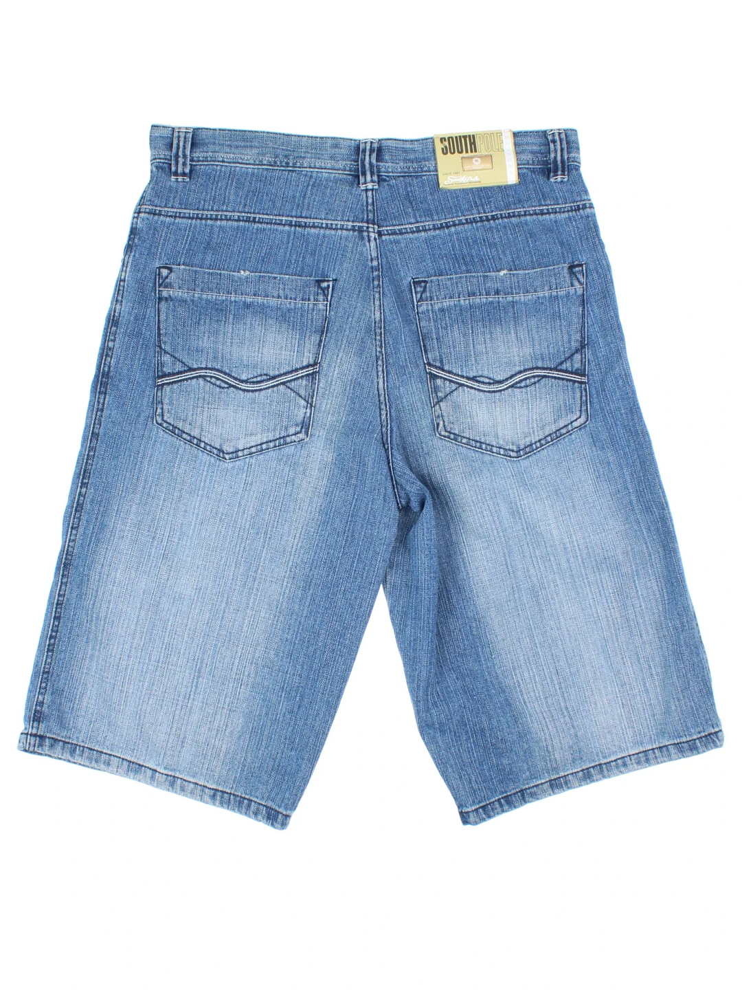 Vintage Southpole Denim Jorts in blue colourway with multiple pockets and embroidered branding detail on front/back.