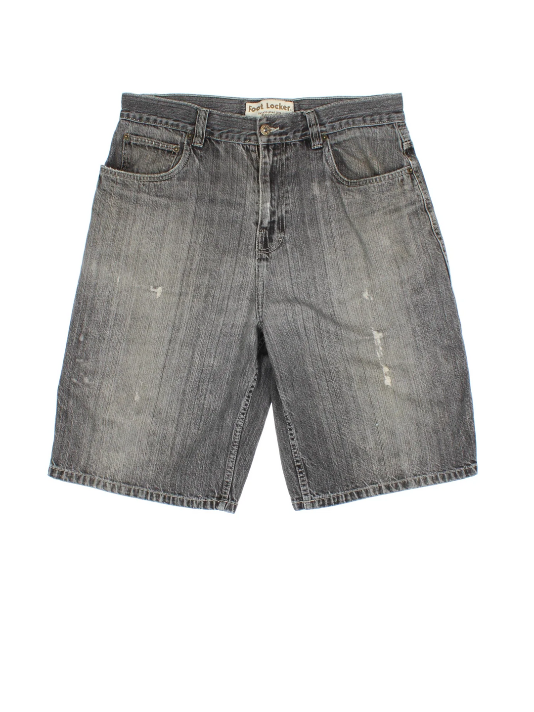 Vintage Y2K Denim Jorts in grey colourway with multiple pockets and distressed detailing on the front.