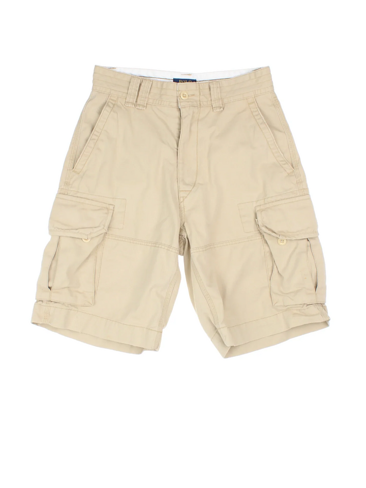 Ralph Lauren Polo Cargo Shorts in tan colourway with multiple pockets and embroidered branding detail on back.